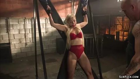 Bound blonde sub in lingerie whipped