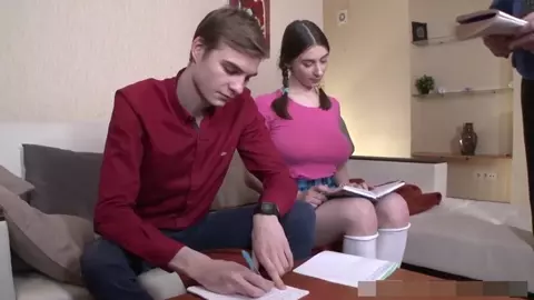 Clary - Busty brunette babe serves her boyfriend and tutor at once