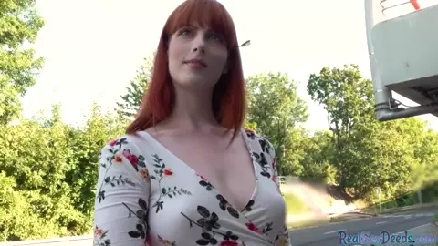 Pulled redhead doggystyled outdoor after riding cock